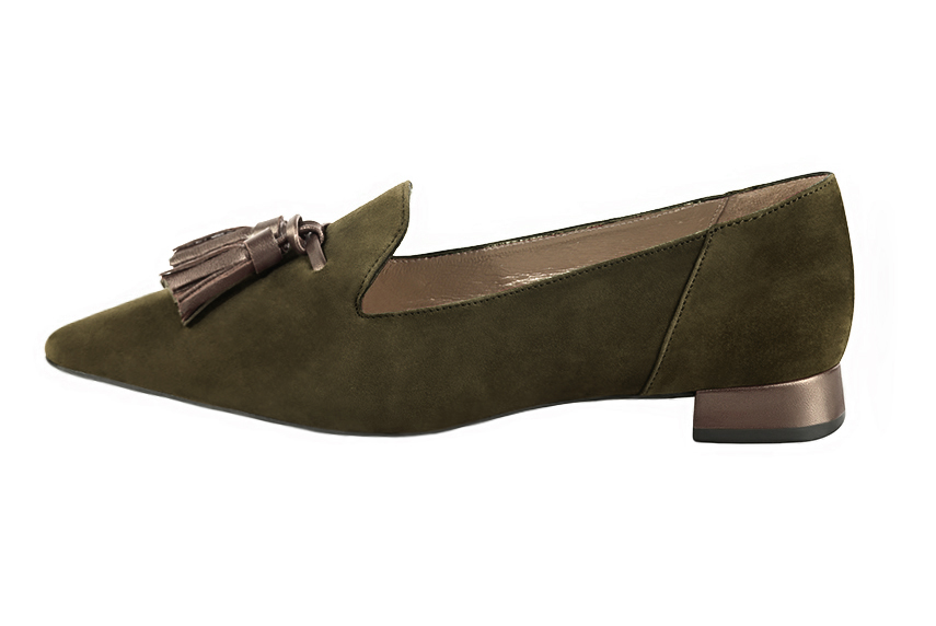Khaki green and bronze gold women's loafers with pompons. Pointed toe. Flat flare heels. Profile view - Florence KOOIJMAN